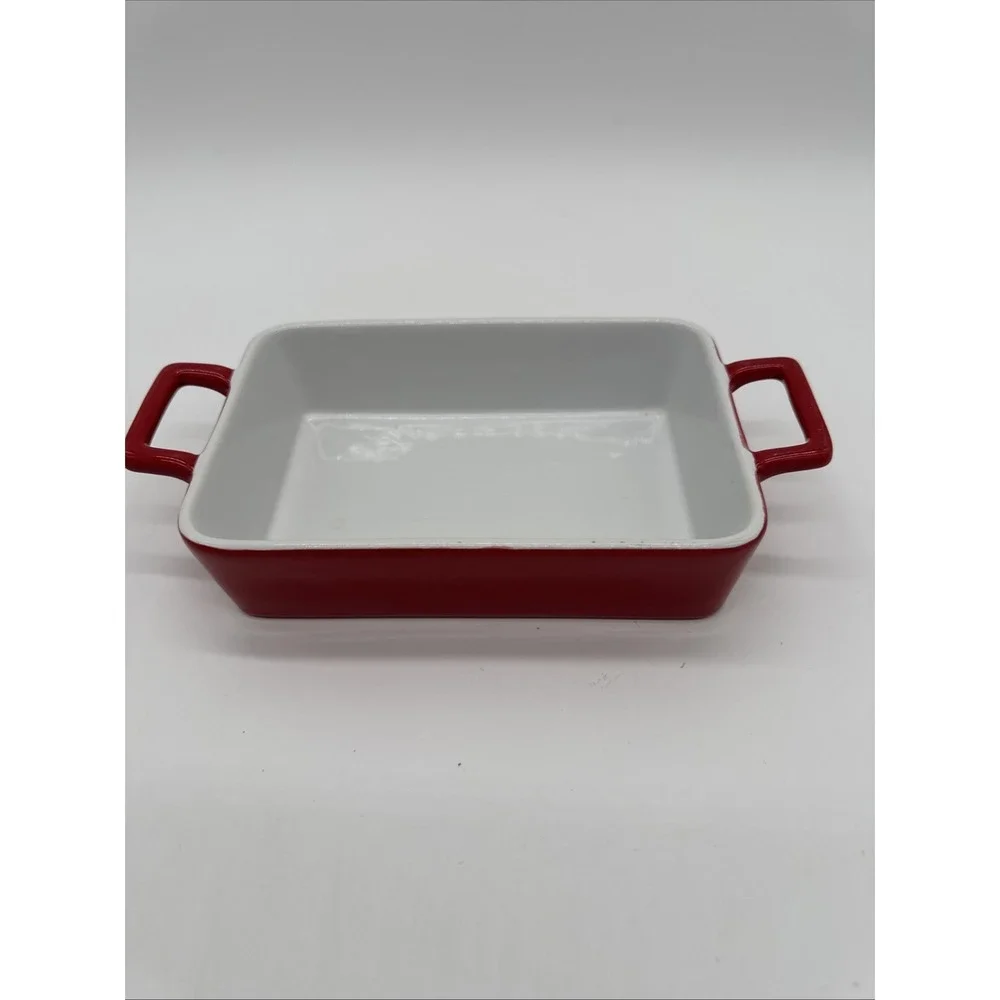 Crate & Barrel Stoneware Mini Casserole Baking Pan Dish Handles Red White Small